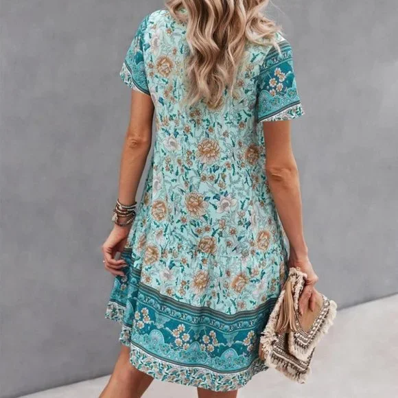 Blue multi print Floral Smock Dress - Picture 4 of 6